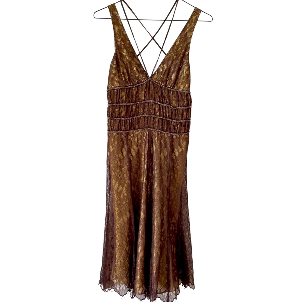Vintage BCBGMAXAZRIA Women's Brown and Gold Dress Size 0